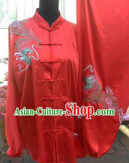 Traditional Chinese Red Dragon Embroidery Silk Tai Chi Suit