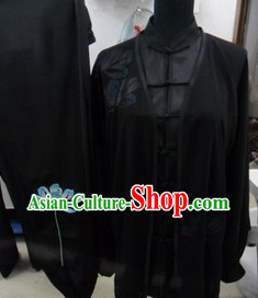 Traditional Chinese Black Long Sleeves Lotus Martial Arts Uniform and Veil