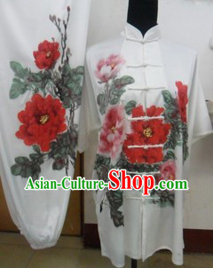 Traditional Chinese White Peony Silk Martial Arts Clothing