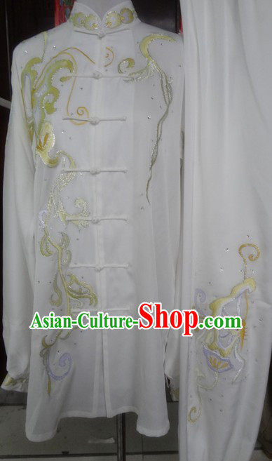 Chinese Classic White Embroidered Flower Kung Fu Martial Arts Master Uniform