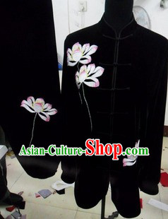 Black Traditional Chinese Lotus Embroidery Long Sleeve Gong Fu Uniform