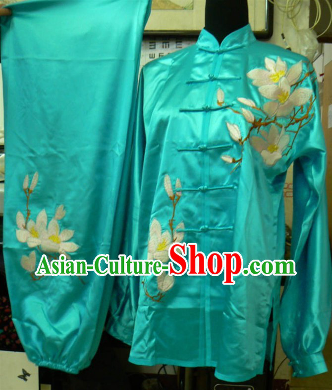 Bue Long Sleeves Lotus Embroidery Martial Arts and Tai Ji Clothing Complete Set for Men