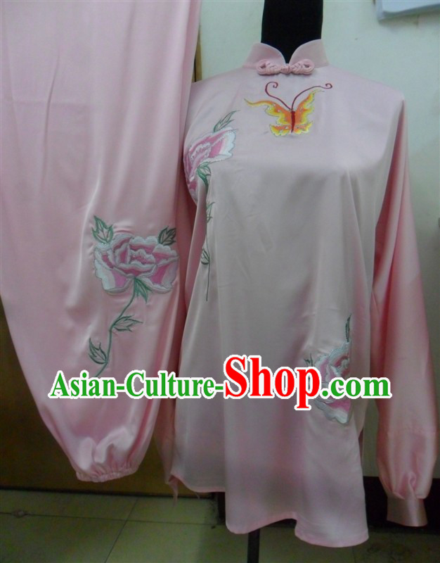 Pink Long Sleeves Flower Butterfly Embroidery Martial Arts and Tai Chi Outfit Complete Set for Women