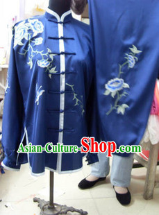Blue Mandarin Flower Embroidery Martial Arts Tai Chi Uniforms