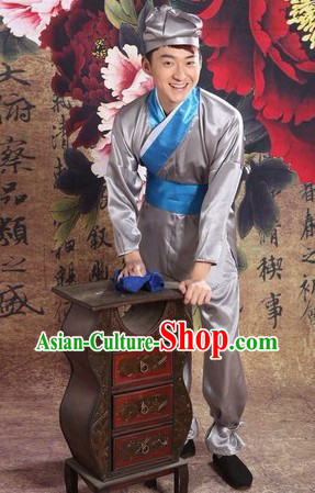 Ancient Chinese Waiter Costume and Hat for Men