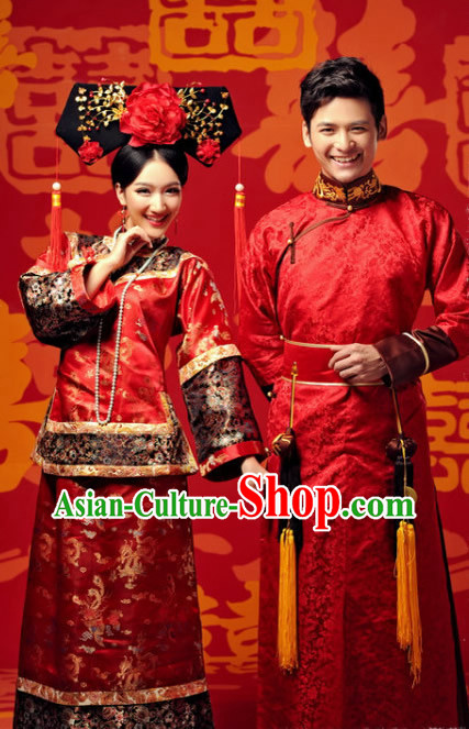 Traditional Chinese Imperial Princess and Prince Red Wedding Dresses and Hat