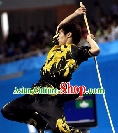 Dark Black Long Pole Martial Arts Training and Contest Silk Uniform for Men