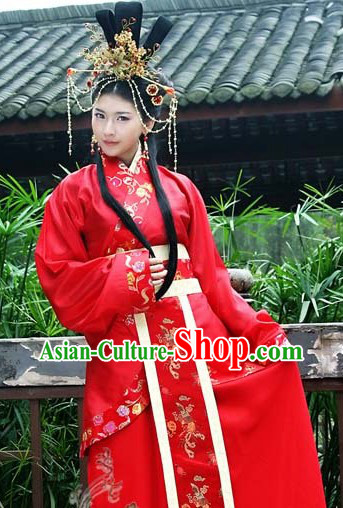 Ancient Chinese Red Wedding Clothing and Head Pieces for Brides