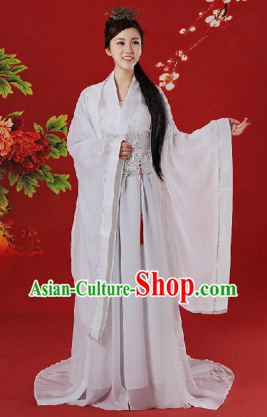 Chinese Classical White Dragon Lady Costumes and Accessories Complete Set