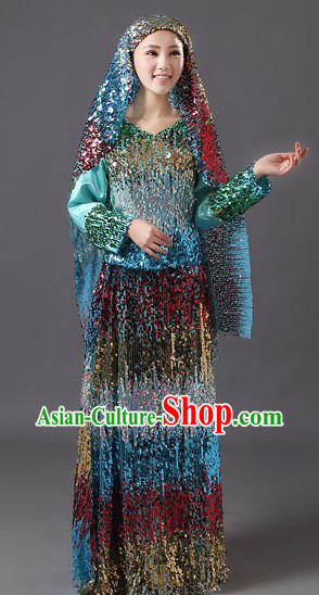 Traditional Chinese Muslin Hui Dance Costumes and Headpiece for Women