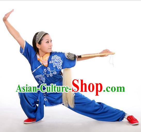 Blue Flower Embroidery Martial Arts Tai Chi Performance Uniform for Women