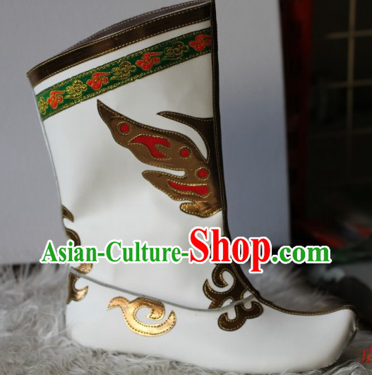 Traditional White Chinese Mongolian Boots for Men