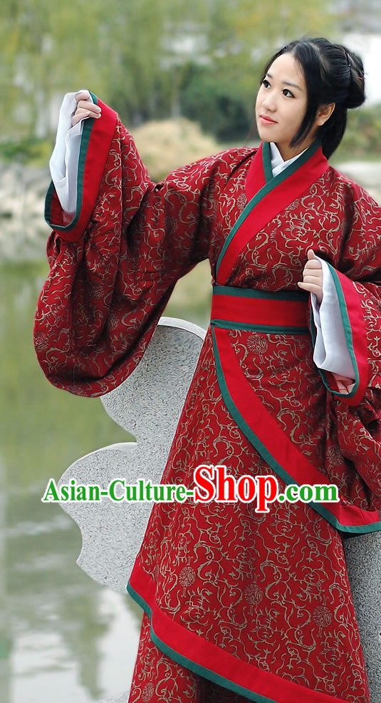 Ancient Chinese Red Princess Floral Han Fu Clothing Complete Set