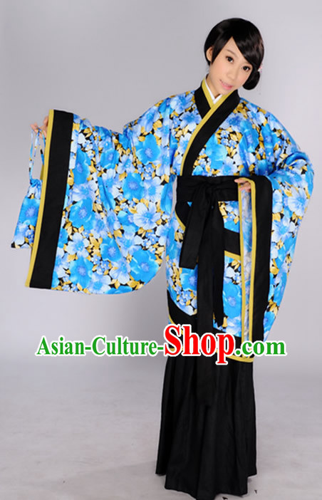 Traditional Chinese Blue Flower Quju Outfits fo Girls