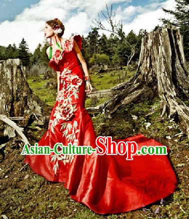 Lucky Red Embroidered Flower Fish Tail Long Toasting Evening Dress