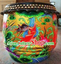 Chinese Classical Hands Painted Carp and Lotus Lion Dance Drum