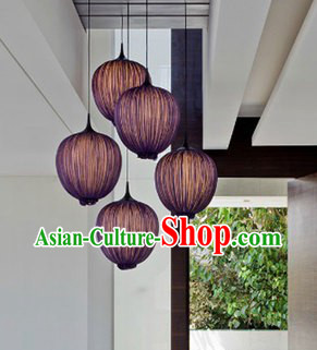 Handmade Chinese Purple Pomegranate Shape Fabric Hanging Lanterns Group