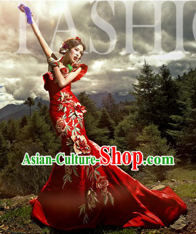 Traditional Chinese Red Peony Wedding Dress Long Skirt