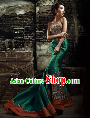 Traditional Chinese Green Fish Tail Evening Dress