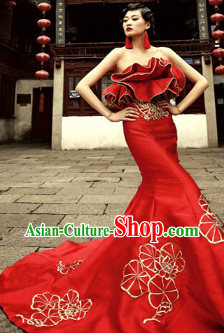 2013 New Design Red Long Trail Wedding Evening Dress