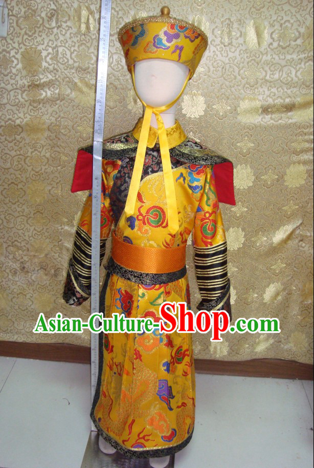 China Qing Dynasty Imperial Prince Dragon Robe Costumes and Hat Complete Set for Kids