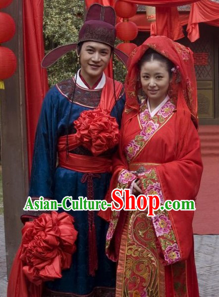 Ancient Traditional Chinese Wedding Dresses and Hat for Brides and Bridegrooms