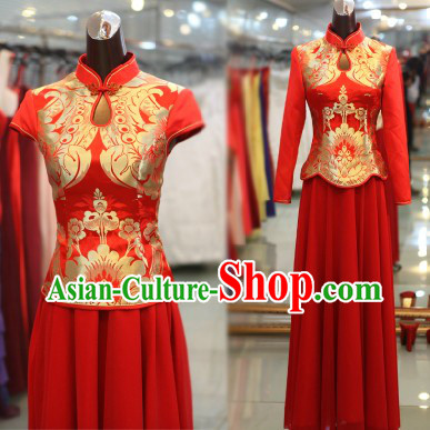 Traditional Chinese Red Wedding Shirt and Skirt Outfits for Brides