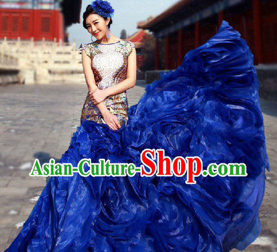 2013 New Design Blue Evening Dress with Fish Trail