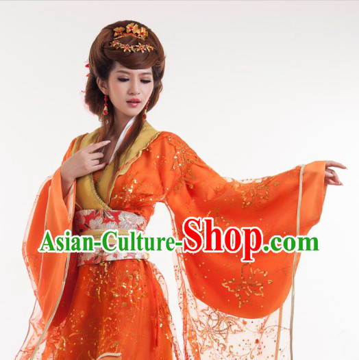 Orange Long Trail Ancient Chinese Tang Dynasty Outfit for Women