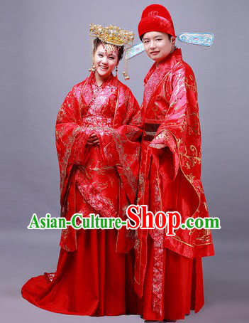 Traditional Chinese Wedding Dresses Clothing and Headwear for Bridegroom and Brides
