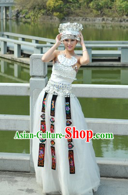 White Traditional Chinese Miao Silver Crown and Clothes