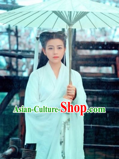 Ancient Chinese Pure White Dragon Lady Costume and Umbrella