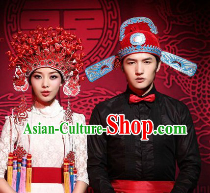 Ancient Chinese Red Bridegroom and Bride Hats Pair