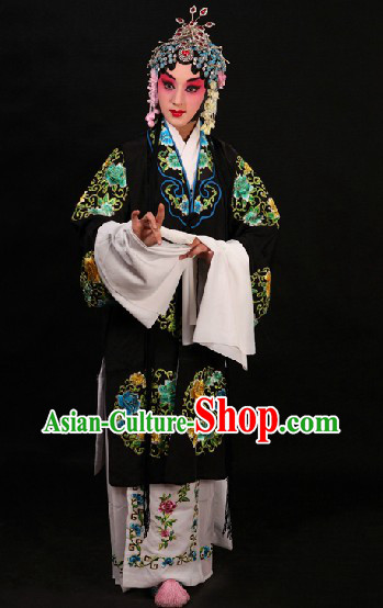 Black Traditional Chinese Opera Round Flower Embroidery Robe and Skirt