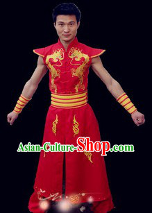 Red Traditional Chinese Drum Player Costumes for Men