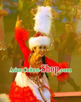 Traditional Chinese Ceremonial Xinjiang Clothes and Hat for Women