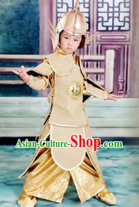 Ancient Traditional Chinese Emperor Armor Costumes and Hat Complete Set for Kids