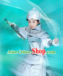 Ancient Traditional Chinese Prince Silver Color Armor Costumes and Hat Complete Set for Kids