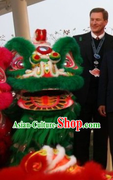 Traditional Hok San Type Green Long Wool Lion Dance Costumes Full Set