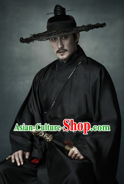 Black Ancient Chinese Swordsman Clothing and Bamboo Hat for Men