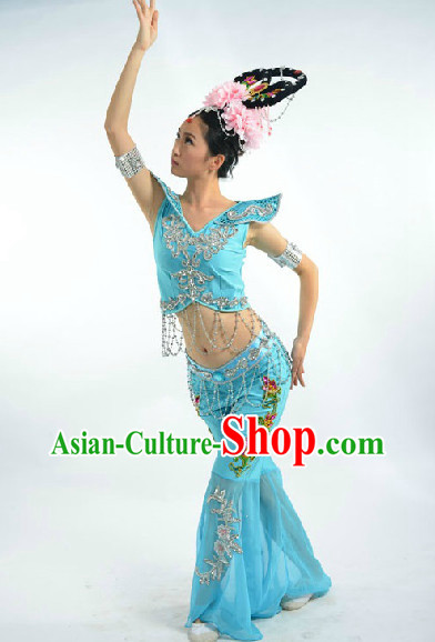 Light Blue Fei Tian Flying Angel Dance Costumes and Headwear Full Set