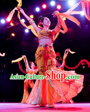 Chinese Dunhuang Stage Performance Dance Costumes and Headwear for Women