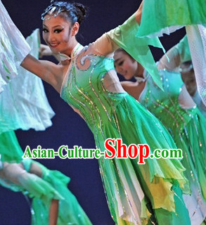 Asian Green Classical Dance Dresses and Headwear Full Set