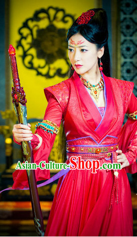 Ancient Chinese Red Swordswoman Costumes and Headpieces Full Set