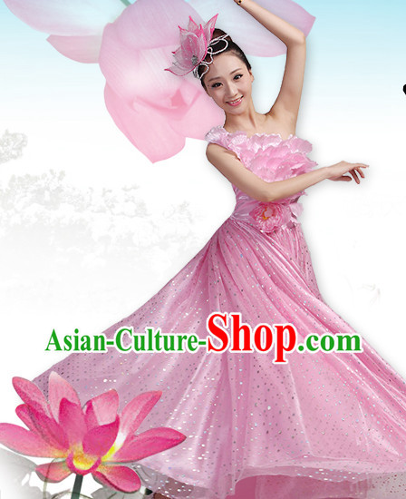 Professional Chinese Pink Lotus Dancing Costumes and Headwear Complete Set for Women