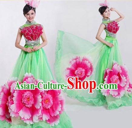 Professional Chinese Flower Dancing Costumes and Headwear Complete Set for Women