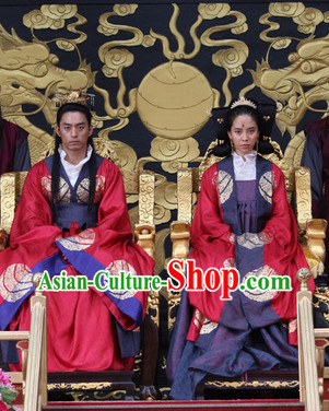 Ancient Korean Palace Imperial Emperor and Empress Costumes and Hair Accessories 2 Complete Sets