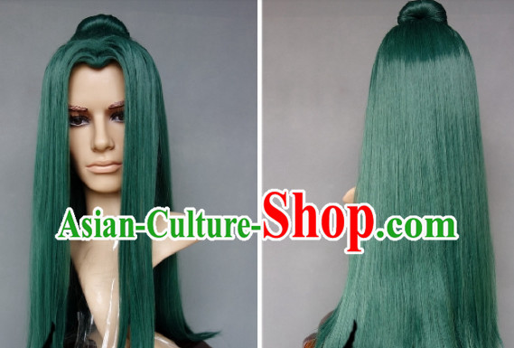 Ancient Swordsman Cosplay Deep Green Long Wig for Men