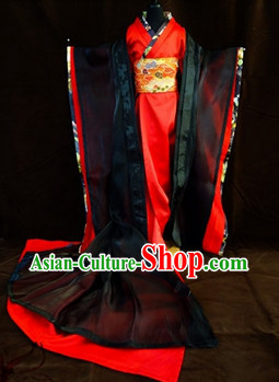 Ancient Black and Red Japanese Kimono Costumes for Ladies