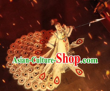 Ancient Chinese White Peacock Princess Costumes and Hair Accessories Complete Set